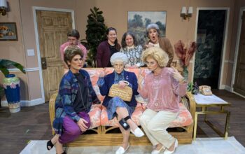 The cast of the Golden Girls with the author and her mom.